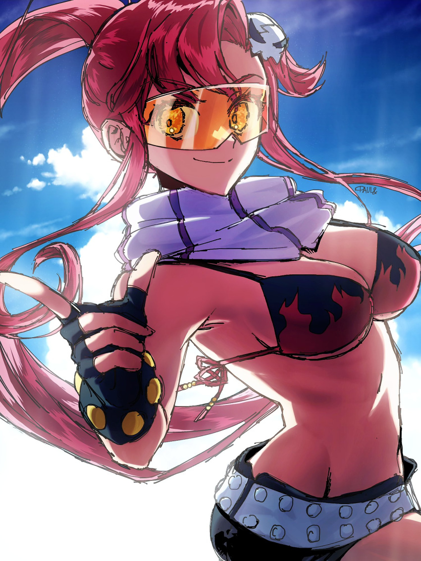 1girl asymmetrical_gloves bikini black_bikini black_gloves black_shorts blue_sky breasts closed_mouth fingerless_gloves flame_print glasses gloves gun hair_ornament hair_stick hairpin highres long_hair looking_at_viewer medium_breasts paulandcookie pink_scarf pointing pointing_at_viewer ponytail print_bikini red_hair scarf short_shorts shorts sidelocks skull skull_hair_ornament sky smile solo striped striped_scarf swimsuit tengen_toppa_gurren_lagann uneven_gloves weapon yellow_eyes yoko_littner