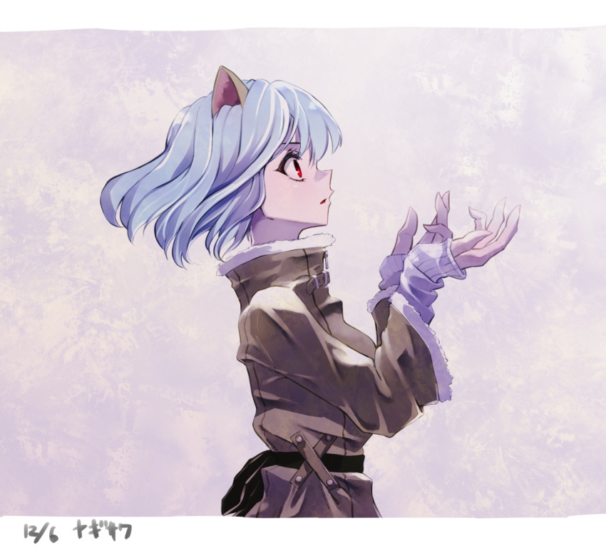 1girl animal_ears border brown_coat cat_ears coat dated floating_hair from_side grey_hair highres hunter_x_hunter letterboxed long_hair long_sleeves neferpitou open_mouth profile red_eyes shiny shiny_hair sleeves_past_wrists solo white_border yagisawa_teru