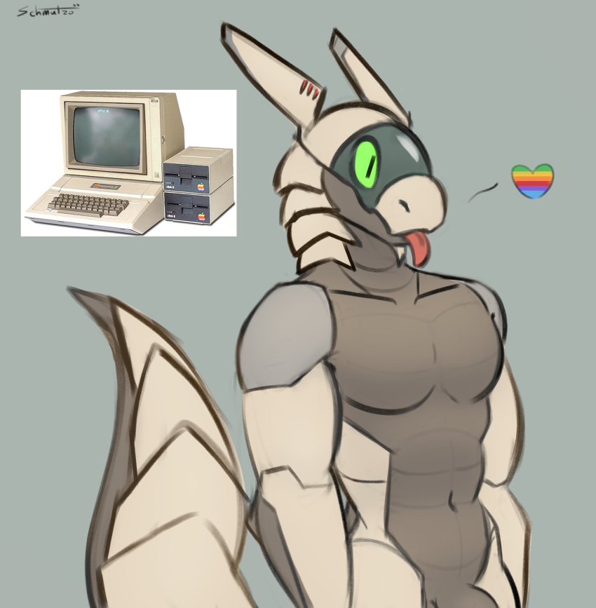 &lt;3 anthro apple_inc. apple_macintosh barely_visible_genitalia barely_visible_penis big_tail biped computer countershading dark_body dark_countershading digital_media_(artwork) genitals green_sclera grey_background hi_res male navel nude pecs penis pupils real schmutzo simple_background slit_pupils solo synth_(vader-san) tongue tongue_out