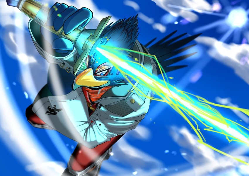 2022 anthro avian bird blue_body blue_feathers boots bottomwear clothing cloud falco_lombardi feathers footwear hi_res holding_object holding_weapon laser_sword light light_beam male melee_weapon nintendo pants red_bottomwear red_clothing red_pants sbhd118 sky solo star_fox sunbeam sunlight topwear video_games weapon