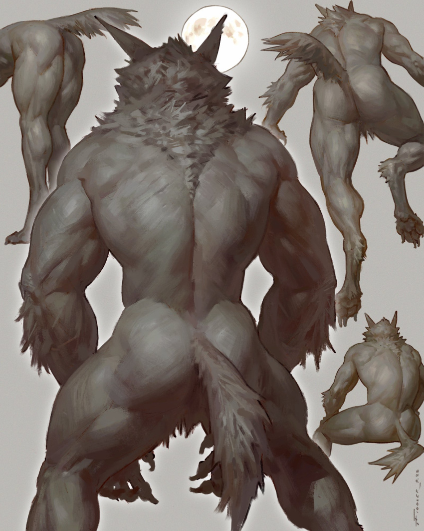 2022 anthro butt canid canine claws digitigrade featureless_crotch fur grey_body grey_fur hi_res leaning leaning_forward male mammal moon muscular muscular_male nude pawpads paws pose rear_view signature sitting sketch_page solo standing suspended_in_midair taran_fiddler thick_thighs were werecanid werecanine werewolf