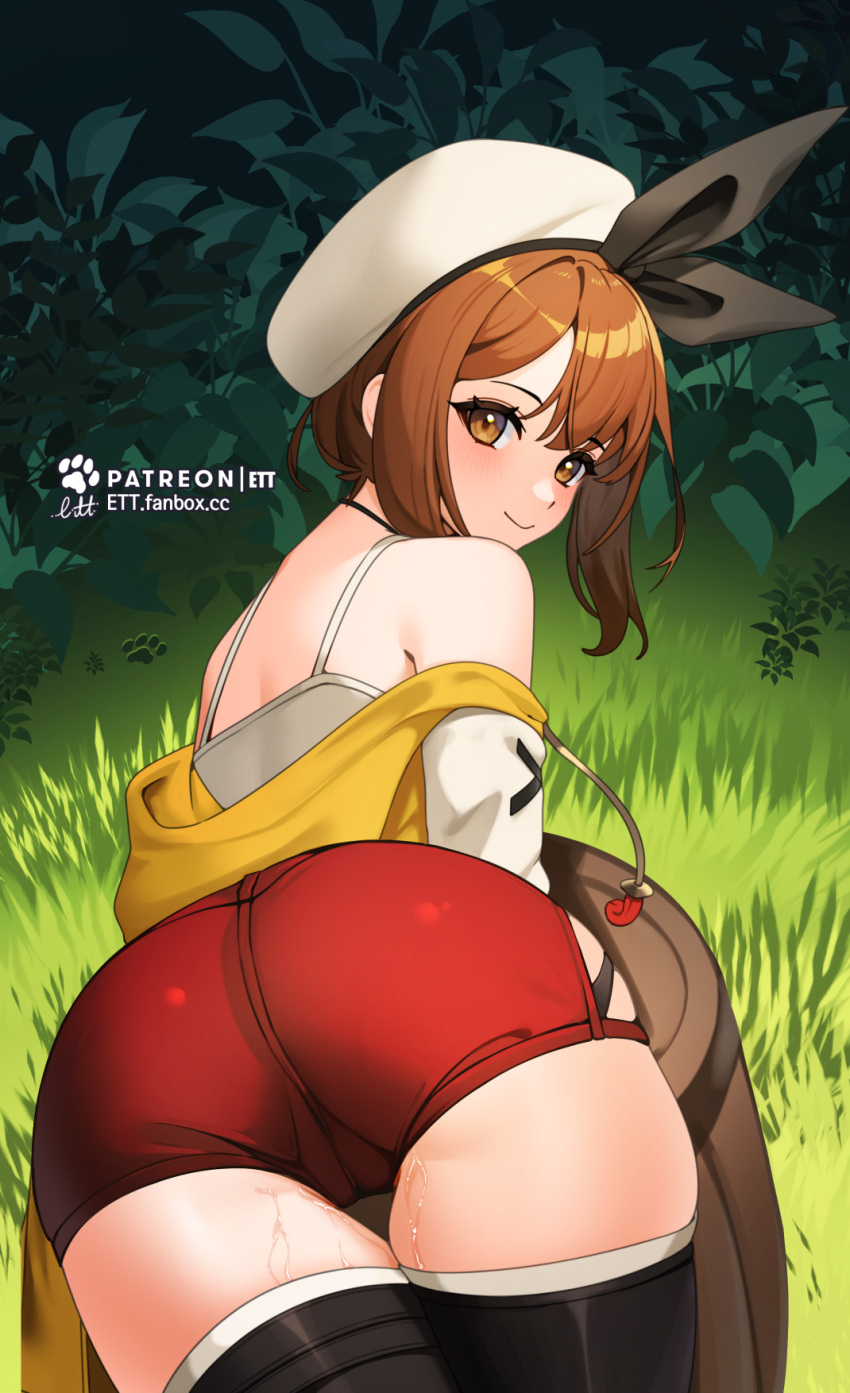 1girl ass atelier_(series) atelier_ryza bangs bare_shoulders barrel blush brown_eyes brown_hair closed_mouth ett from_behind grass highres long_sleeves looking_at_viewer off_shoulder outdoors patreon_username pussy_juice reisalin_stout smile solo thighhighs thighs white_headwear