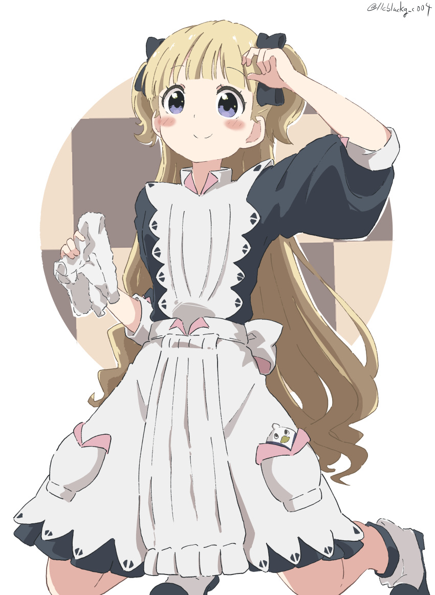 1girl absurdres apron arm_up bangs black_bow black_dress blonde_hair blunt_bangs blush_stickers bow closed_mouth commentary cynical_(llcbluckg_c004) dress emilico_(shadows_house) full_body hair_bow hand_to_head highres holding holding_cloth long_hair long_sleeves looking_at_viewer pan-chan_(shadows_house) purple_eyes shadows_house smile solo twitter_username two_side_up very_long_hair white_apron white_background