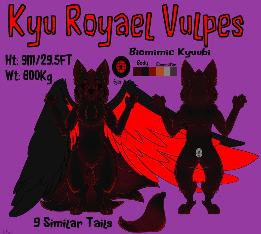 anthro black_and_red bleodafi canid canine fox fox_spirit hi_res kyu_vulpes male mammal model_sheet purple_background simple_background wings