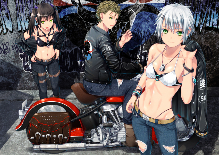 1boy 2girls absurdres ano_hito belt blonde_hair bracelet brown_hair cigarette commentary_request denim dog_tags green_eyes ground_vehicle hair_ornament hair_slicked_back hairclip highres jacket jacket_over_shoulder jacket_removed jeans jewelry leather leather_jacket motor_vehicle motorcycle multiple_girls navel off_shoulder original pants short_hair sitting sitting_on_object thigh_pouch thigh_strap tongue tongue_out torn_clothes torn_jeans torn_pants twintails very_short_hair white_hair