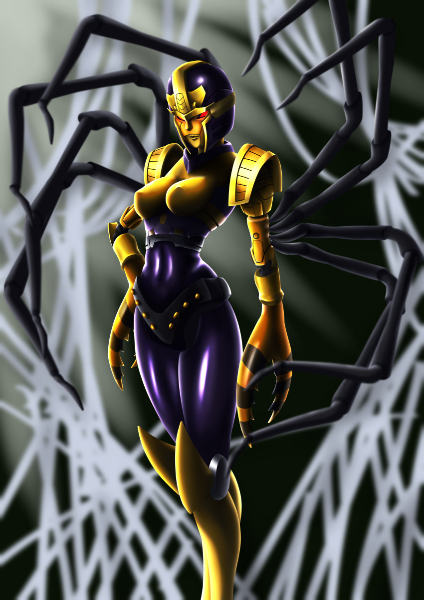 1girl absurdres arthropod_limbs beast_wars beast_wars:_transformers black_panties blackarachnia breasts curvy hand_on_hip helmet highres humanoid_robot medium_breasts nipples panties red_eyes robot silk spider_web transformers tsk1993 underwear