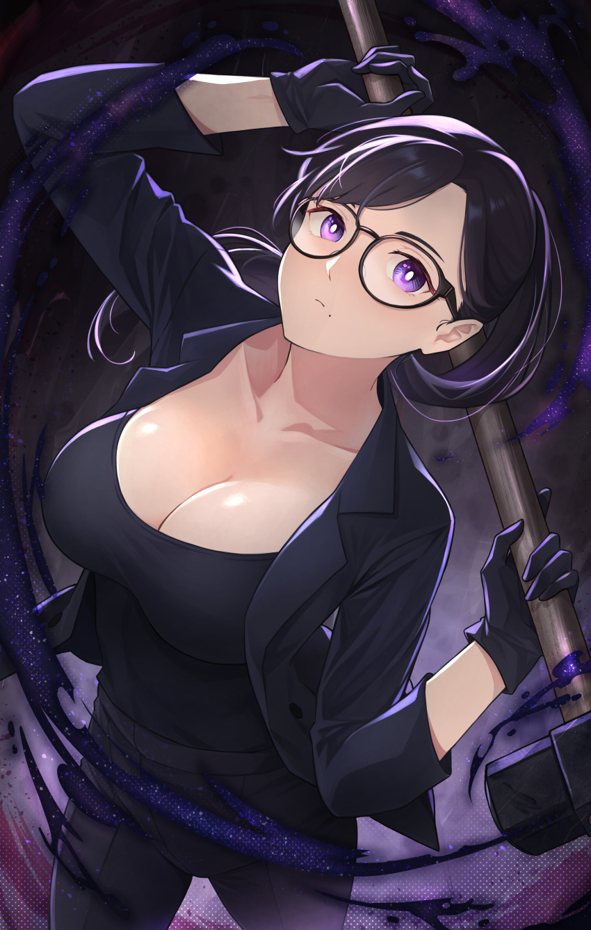 1girl absurdres black-framed_eyewear black_gloves black_hair black_jacket black_pants black_shirt breasts cleavage closed_mouth collarbone commentary cowboy_shot glasses gloves hammer highres holding holding_hammer holding_weapon jacket large_breasts long_hair looking_at_viewer minakata_hizuru mole mole_under_mouth nuebunny open_clothes open_jacket pants ponytail purple_eyes shirt sledgehammer solo standing summertime_render weapon
