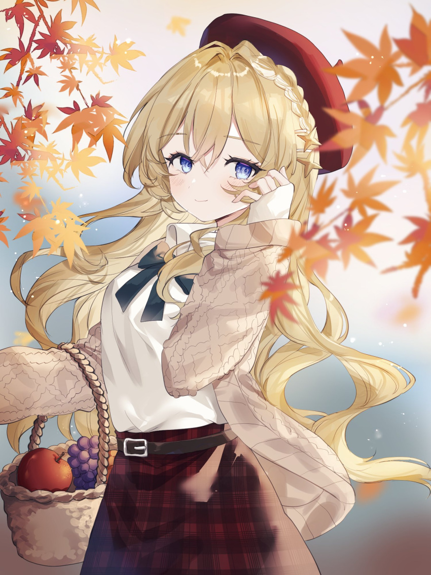 1girl autumn autumn_leaves bangs basket belt beret black_ribbon blonde_hair blue_eyes blush braid cardigan closed_mouth falling_leaves french_braid fruit_basket hair_between_eyes hair_intakes hat highres holding holding_basket leaf long_hair looking_at_viewer neck_ribbon open_cardigan open_clothes original outdoors plaid plaid_skirt red_headwear red_skirt ribbon shirt skirt sleeves_past_wrists smile solo sorani_(kaeru0768) standing upper_body very_long_hair wavy_hair white_shirt