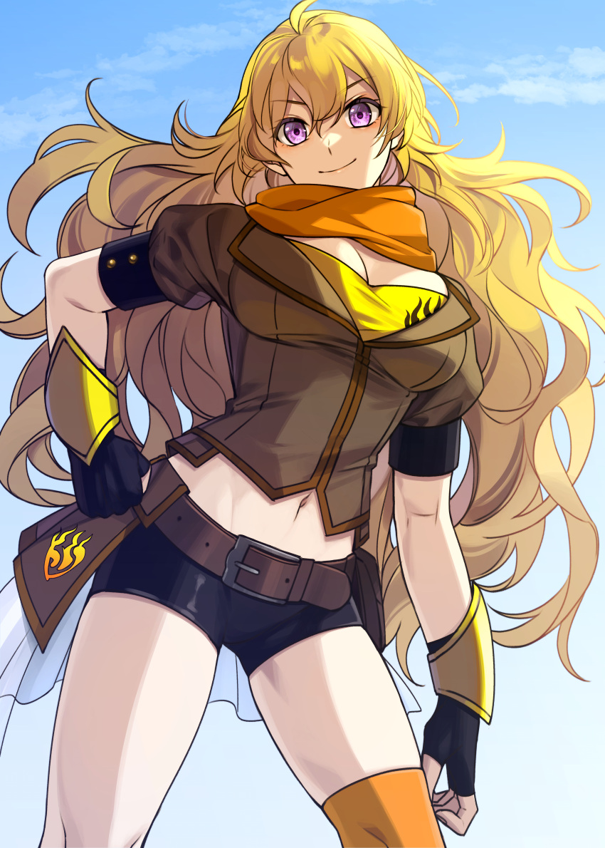 1girl absurdres ahoge belt black_gloves black_shorts blonde_hair blue_sky breasts brown_belt brown_jacket cleavage clenched_hand closed_mouth cloud cloudy_sky commentary cowboy_shot day fingerless_gloves gloves hair_between_eyes hand_on_hip highres jacket large_breasts long_hair looking_at_viewer midriff mochiko_(tvygbntl) navel orange_scarf orange_thighhighs outdoors purple_eyes rwby scarf shirt short_shorts short_sleeves shorts single_thighhigh sky smile solo standing thighhighs thighs toned v-shaped_eyebrows wavy_hair wrist_guards yang_xiao_long yellow_shirt