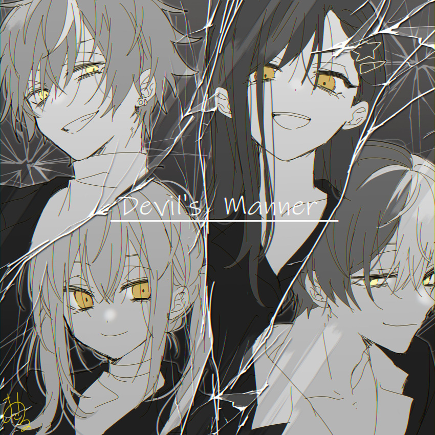 2boys 2girls absurdres akuma_no_odorikata_(vocaloid) alternate_eye_color aoyagi_touya azusawa_kohane closed_mouth commentary dark_persona earrings formal greyscale grin hair_ornament hairclip highres jacket jewelry long_hair medium_hair monochrome multicolored_hair multiple_boys multiple_girls open_clothes open_jacket oru05 project_sekai shinonome_akito shiraishi_an shirt smile song_name split-color_hair spot_color star_(symbol) star_hair_ornament suit sweater turtleneck turtleneck_sweater twintails upper_body vivid_bad_squad_(project_sekai) yellow_eyes