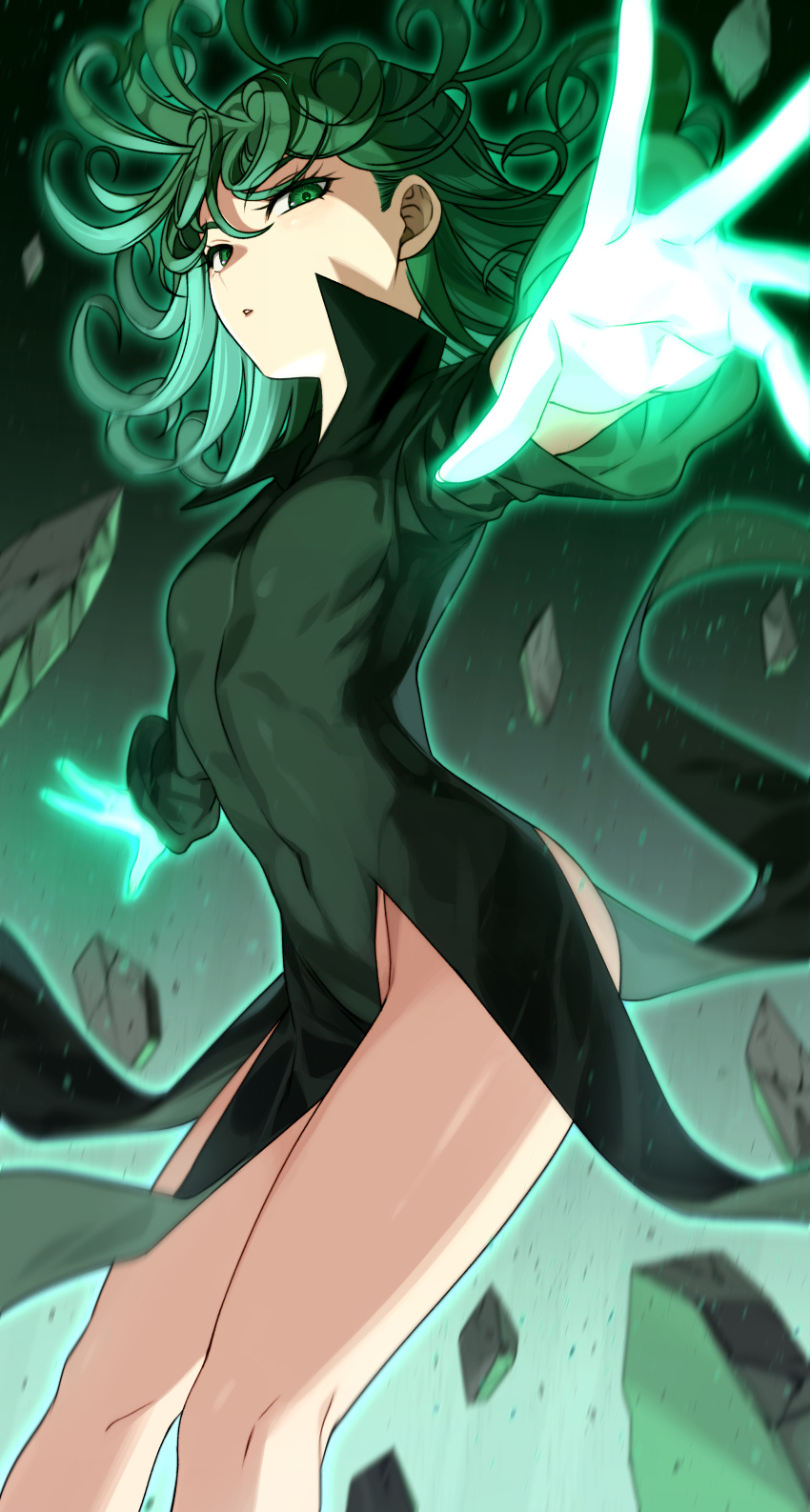 1girl absurdres aura bare_legs breasts commentary covered_navel curly_hair debris dress expressionless eyelashes feet_out_of_frame floating floating_hair floating_rock from_side glowing glowing_hand gradient gradient_background green_background green_dress green_eyes green_hair highres looking_at_viewer medium_hair mochiko_(tvygbntl) no_panties one-punch_man outstretched_arms outstretched_hand parted_lips ribs simple_background small_breasts solo tatsumaki taut_clothes taut_dress telekinesis thighs