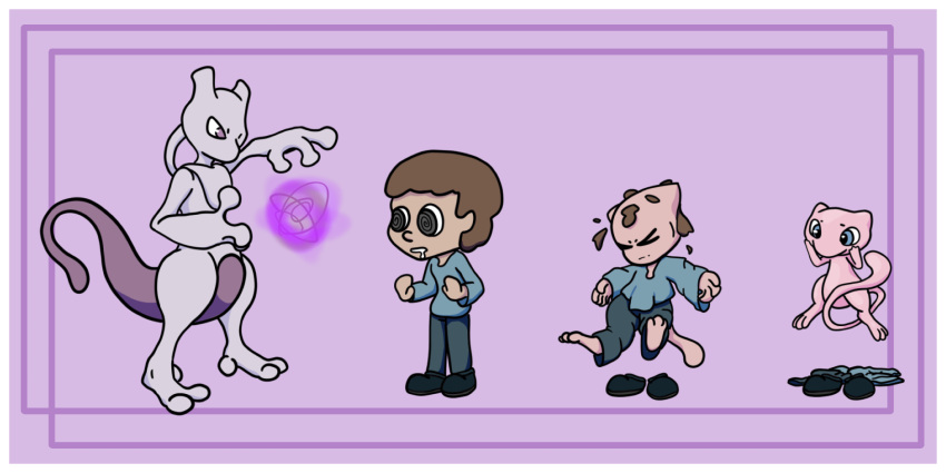 anthro clothed clothing generation_1_pokemon hi_res human hypnosis legendary_pokemon levitation magic male mammal mew mewtwo mind_control nintendo nootherway pokemon pokemon_(species) purple_body shaded simple_background simple_coloring simple_shading solo transformation video_games