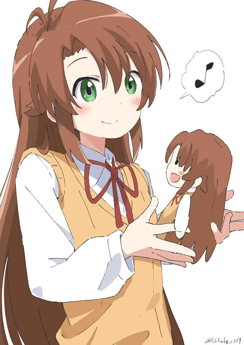 1girl absurdres antenna_hair asahigaoka_school_uniform bangs blush brown_hair brown_sweater_vest character_doll check_commentary closed_mouth collared_shirt commentary_request cynical_(llcbluckg_c004) eighth_note green_eyes highres koshigaya_komari long_hair long_sleeves musical_note neck_ribbon non_non_biyori open_mouth red_ribbon ribbon school_uniform shirt simple_background smile solo spoken_musical_note sweater_vest twitter_username upper_body very_long_hair white_background white_shirt