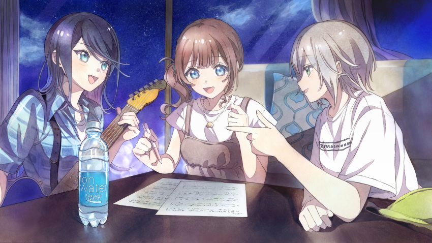 3girls :d absurdres blue_eyes blue_hair blue_shirt blush bottle brown_dress brown_hair commentary_request couch curtains dress electric_guitar green_eyes grey_hair guitar highres hinomori_shiho holding holding_instrument hoshino_ichika_(project_sekai) instrument long_hair marker_(medium) mochizuki_honami multiple_girls night night_sky open_mouth pato_(ptro) pillow plaid plaid_shirt pocari_sweat pointing pointing_at_another project_sekai sheet_music shirt short_sleeves side_ponytail sky smile t-shirt table traditional_media white_shirt window