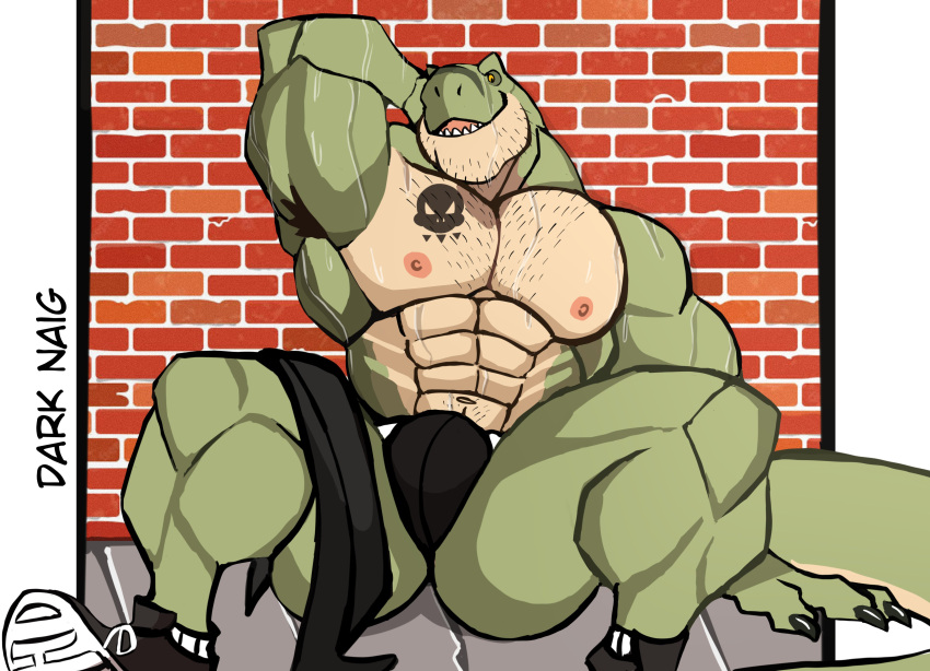 abs absurd_res anthro armpit_hair biceps big_muscles bodily_fluids body_hair brick_wall bulge chest_hair claws clothed clothing darknaigart dinosaur facial_hair footwear green_body hand_behind_head hi_res jace_(darknaig) male muscular muscular_anthro muscular_male nipples pecs raised_arm reptile scalie shaved shoes solo sweat tattoo teeth theropod topless tyrannosaurid tyrannosaurus tyrannosaurus_rex underwear wall_(structure) yellow_eyes