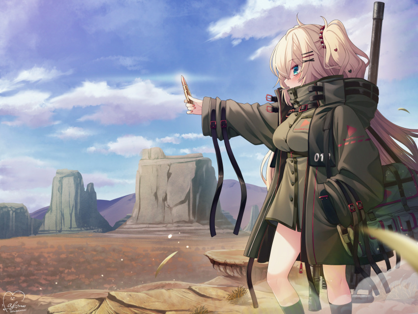 1girl akai_haato bangs black_socks blonde_hair blue_eyes blush breasts cartridge coat day from_side green_coat green_jacket gun gun_on_back hair_between_eyes hair_ornament hairclip heart heart_hair_ornament highres holding hololive jacket kneehighs large_breasts long_hair looking_away magowasabi open_clothes open_coat outdoors profile signature socks solo standing turtleneck twitter_username two_side_up virtual_youtuber weapon weapon_on_back x_hair_ornament