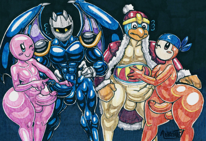 2022 anthro avian bandana_waddle_dee bandanna big_dom_small_sub bird clothing dominant erection eyelashes girly glistening glistening_body gloves group handwear hi_res humanoid kerchief king_dedede kirby kirby_(series) male male/male meta_knight muscular muscular_male nintendo one_eye_closed parasitedeath penguin pink_body size_difference thick_thighs traditional_media_(artwork) video_games waddle_dee wide_hips wings wink winking_at_partner