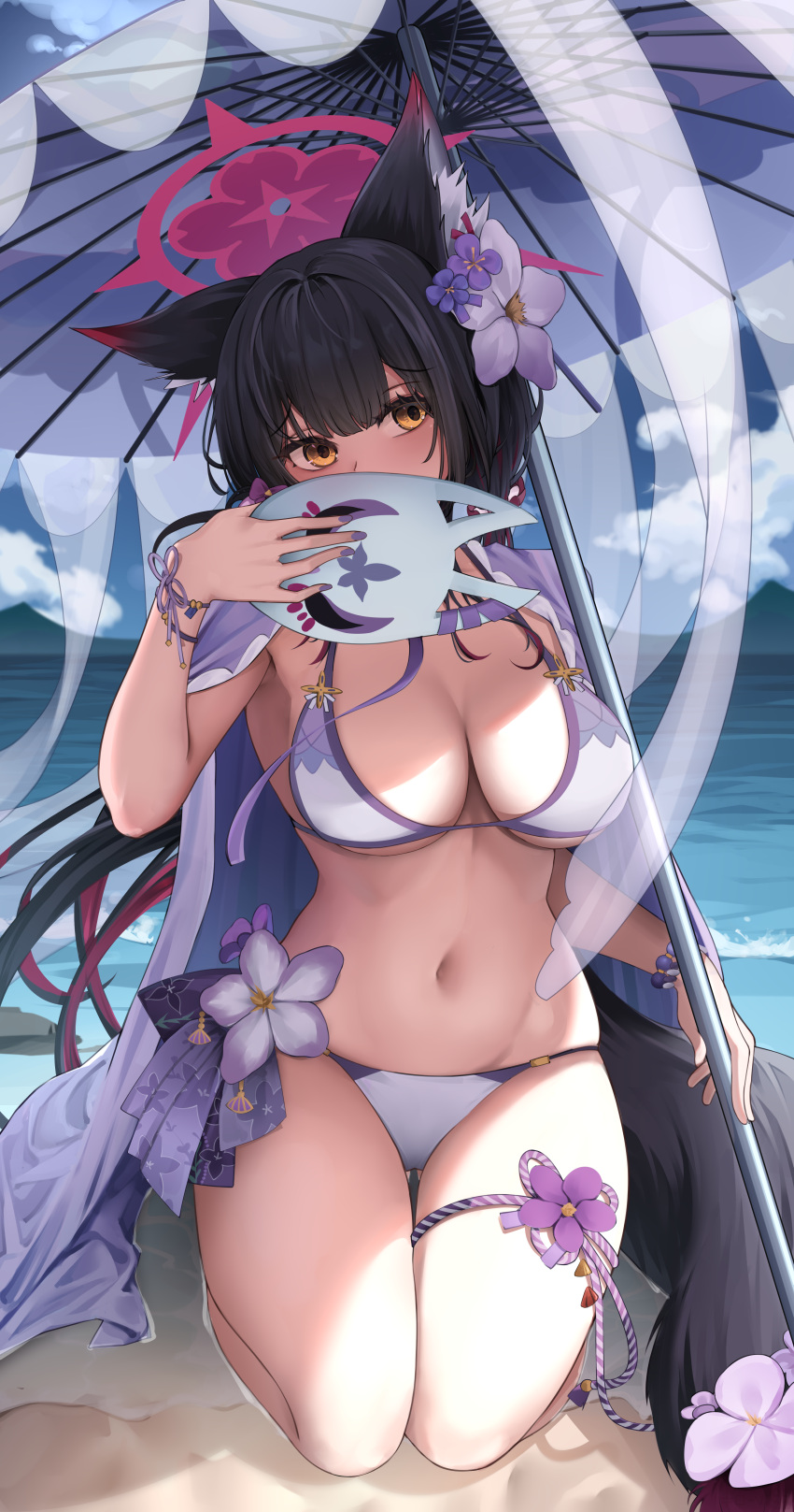 1girl absurdres animal_ears beach bikini blue_archive blush breasts cape cleavage covering_mouth day floral_print flower fox_ears fox_girl fox_mask fox_tail full_body groin hair_flower hair_ornament halo hand_up head_tilt highres holding holding_mask holding_umbrella kidovie kneeling large_breasts legs_together looking_at_viewer mask medium_breasts midriff multicolored_hair nail_polish navel ocean on_ground outdoors parasol partially_submerged purple_cape purple_nails solo string_bikini swimsuit tail tail_flower tail_ornament thigh_gap thigh_strap thighs two-tone_hair umbrella wakamo_(blue_archive) wakamo_(swimsuit)_(blue_archive) waves