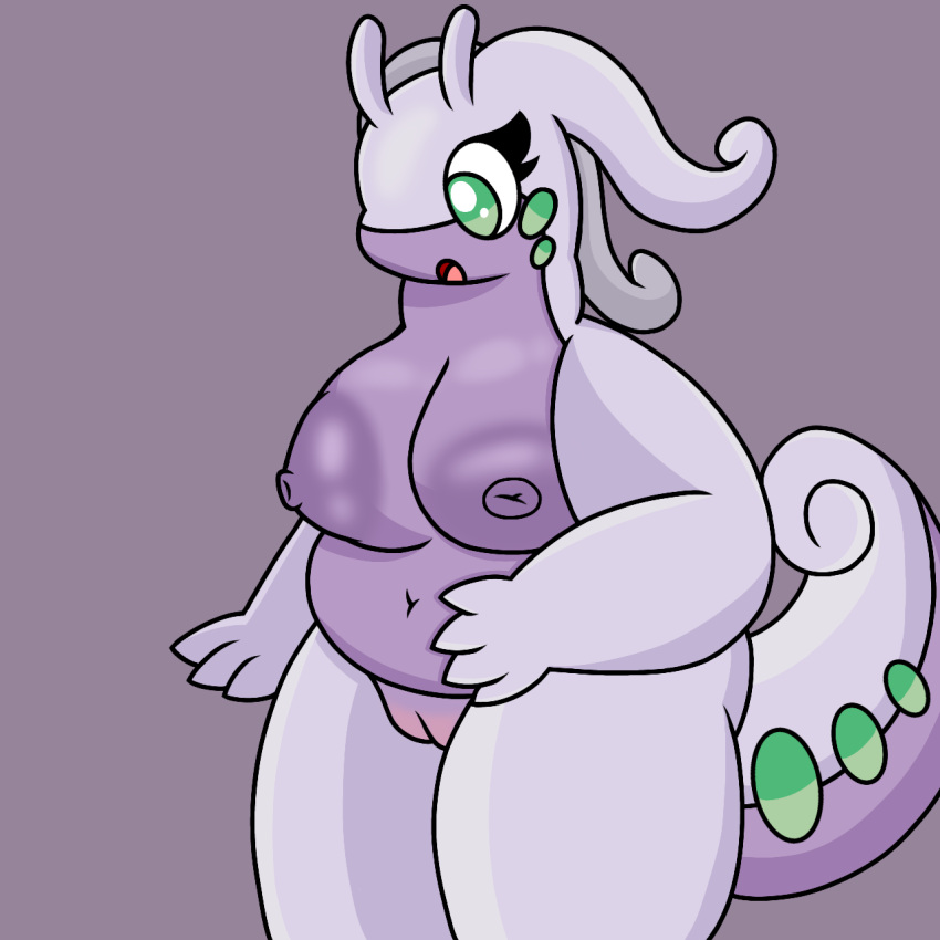 anthro big_breasts breasts chubby_female digital_media_(artwork) dragon female generation_6_pokemon genitals goodra green_eyes hi_res huge_breasts lyncario nintendo nipples nude open_mouth overweight overweight_female pokemon pokemon_(species) pussy simple_background solo thick_thighs video_games