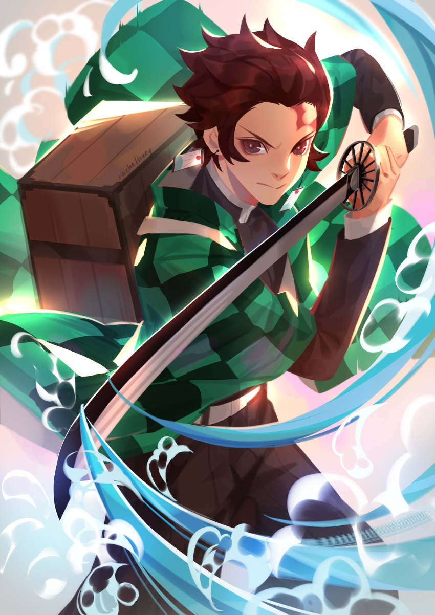 1boy black_jacket black_pants brown_eyes brown_hair checkered_haori cowboy_shot demon_slayer_uniform fighting_stance green_jacket hair_slicked_back haori highres holding holding_sword holding_weapon jacket japanese_clothes kamado_tanjirou kimetsu_no_yaiba long_sleeves looking_at_viewer male_focus pants rachel_huey scar scar_on_face scar_on_forehead short_hair solo sword v-shaped_eyebrows water weapon wooden_box