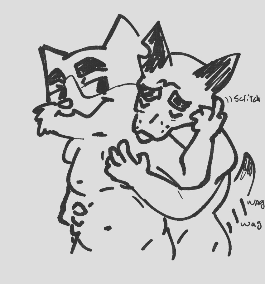 2022 4_fingers anonymous_artist anthro anthro_on_anthro belly belly_grab brutus_(pixie_and_brutus) canid canine canis cheek_tuft chest_grab chubby_anthro chubby_male crossover digital_media_(artwork) dipstick_tail domestic_cat domestic_dog duo embrace eyebrows eyes_closed facial_tuft felid feline felis fingers freckles german_shepherd herding_dog hi_res hug hugging_from_behind joel_(litterbox_comics) litterbox_comics looking_at_another looking_at_partner male male/male mammal markings mature_anthro mature_male monochrome moobs navel notched_ear nude onomatopoeia pastoral_dog pixie_and_brutus portrait prick_ears scratching sketch smile sound_effects standing tail_markings tail_motion tailwag text thick_eyebrows three-quarter_portrait tuft webcomic