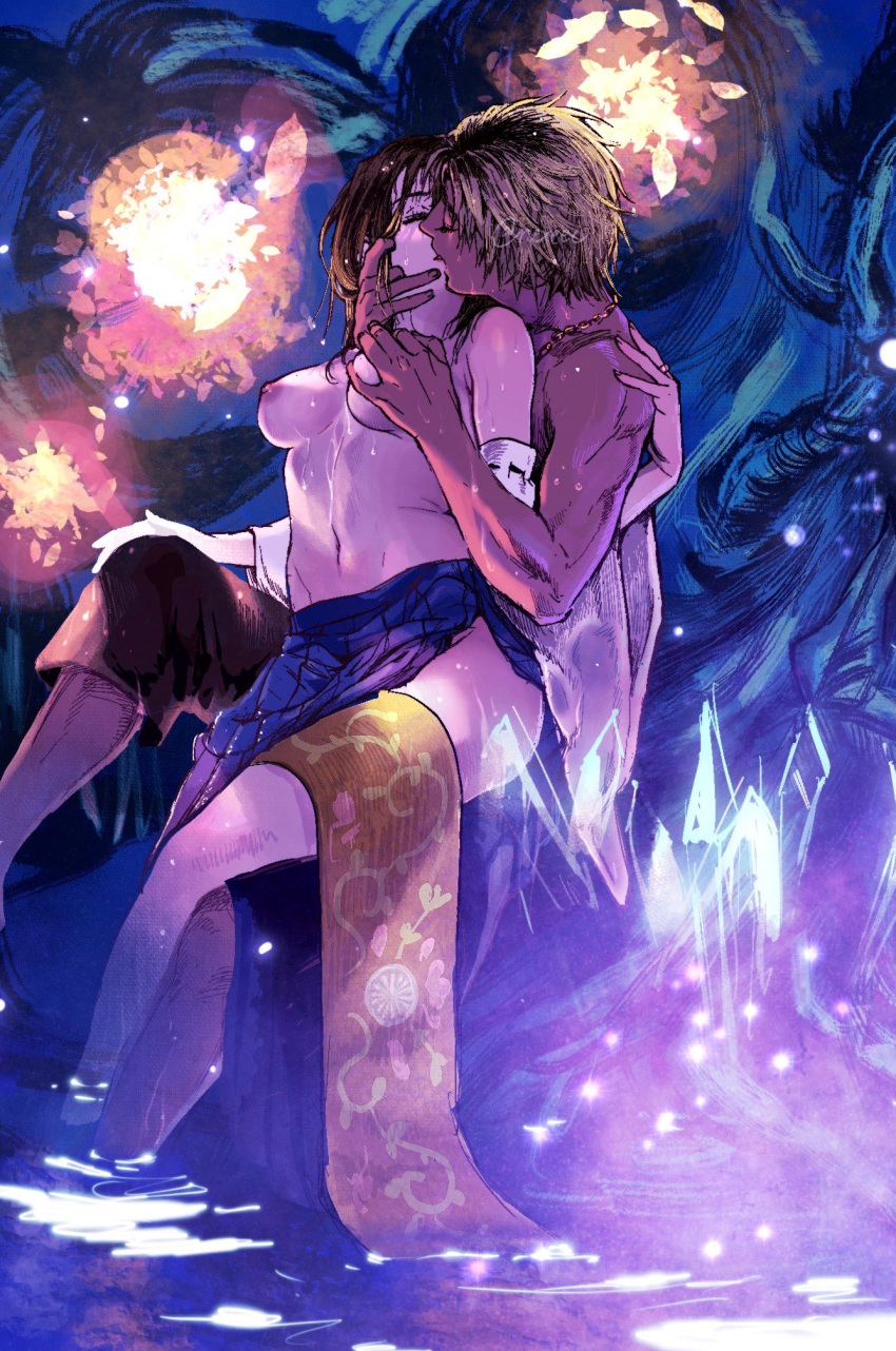 1boy 1girl biceps blonde_hair breast_grab breasts brown_hair clothes_removed couple crystal detached_sleeves final_fantasy final_fantasy_x floral_print grabbing hand_on_another's_face hetero highres kiss light_particles long_skirt medium_breasts nexeee nipples obi sash short_hair sitting sitting_on_lap sitting_on_person skirt tan tidus topless topless_male water wet wet_clothes wet_hair wide_sleeves yuna_(ff10)