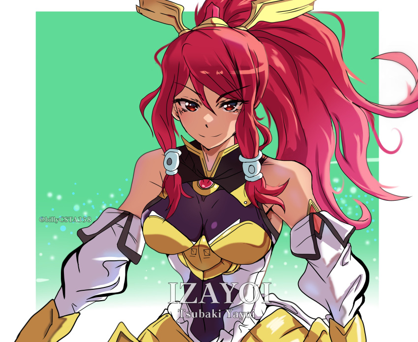 absurdres arc_system_works armor armored_dress bare_shoulders billycsta358 blazblue blazblue:_central_fiction blazblue:_chronophantasma bow breasts detached_sleeves hair_ornament hair_tubes highres izayoi_(blazblue) long_hair looking_at_viewer ponytail red_eyes red_hair smile solo tsubaki_yayoi