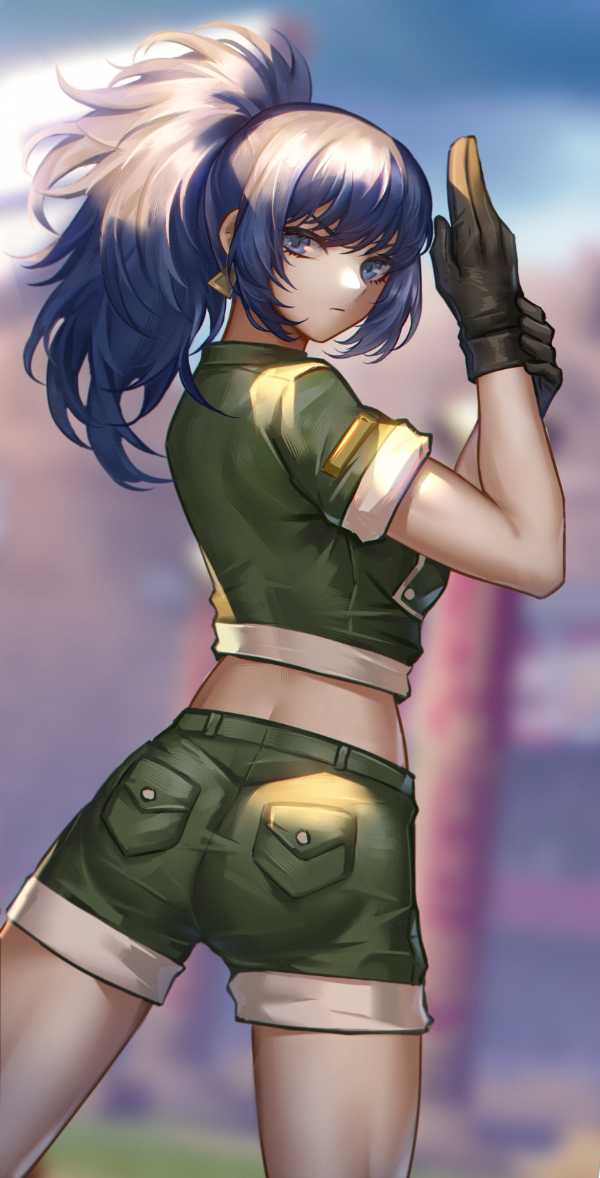 1girl absurdres adjusting_clothes adjusting_gloves ass black_gloves blue_eyes blue_hair blurry blurry_background earrings gloves green_jacket green_shorts highres hua-j jacket jewelry leona_heidern looking_at_viewer military military_uniform ponytail shorts snk solo the_king_of_fighters the_king_of_fighters_xv triangle_earrings uniform