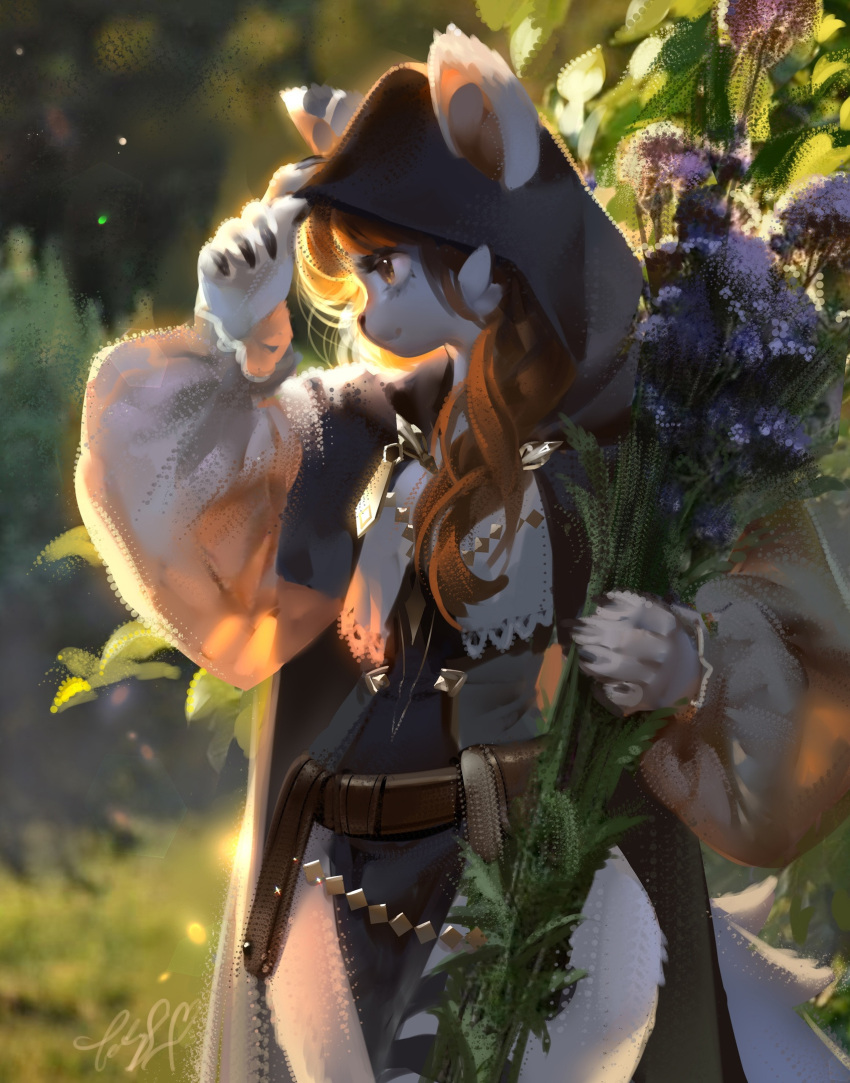 1girl adjusting_hood animal_ears animal_hands animal_nose artist_name backlighting bangs belt black_cloak black_skirt blurry blurry_background body_fur brown_eyes brown_hair claws cloak closed_mouth commentary commission cowboy_shot day ears_through_headwear english_commentary flower fox_ears fox_girl fox_tail furry furry_female hands_up happy highres holding holding_flower hood hood_up hooded_cloak ladyshalirin long_hair long_sleeves original outdoors pelvic_curtain pouch profile puffy_long_sleeves puffy_sleeves purple_flower shirt sidelocks signature skirt smile snout solo standing tail white_fur white_shirt
