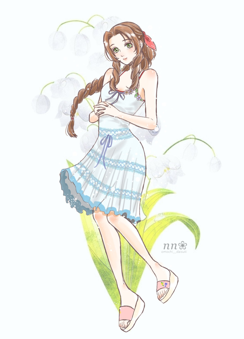 1girl aerith_gainsborough artist_name bangs bare_arms blue_trim braid braided_ponytail breasts brown_hair crisis_core_final_fantasy_vii dress final_fantasy final_fantasy_vii floating floral_background full_body green_eyes hair_ribbon highres long_hair looking_at_viewer medium_breasts omochi_daisuki own_hands_clasped own_hands_together parted_bangs pink_footwear pink_ribbon ribbon sandals sidelocks smile solo sundress wavy_hair wedge_heels white_dress