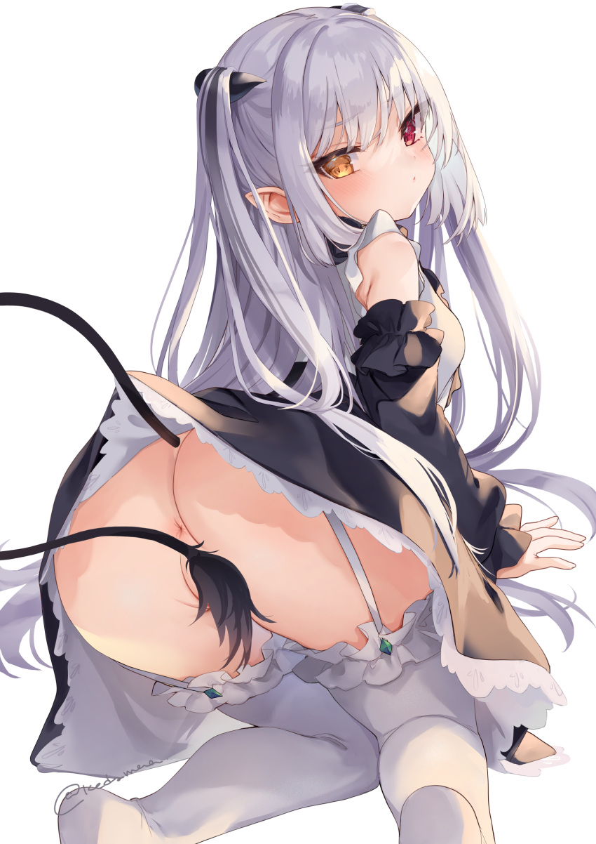 1girl all_fours anus ass black_dress black_horns blush breasts chloe_lilith_stella demon_girl demon_horns demon_tail detached_sleeves dress duplicate eyelashes frilled_dress frills from_behind garter_straps grey_hair heterochromia highres horns kedama_milk long_hair looking_back no_panties original partially_visible_vulva pixel-perfect_duplicate pointy_ears red_eyes sidelocks simple_background slit_pupils small_breasts tail thighhighs very_long_hair white_background white_thighhighs yellow_eyes