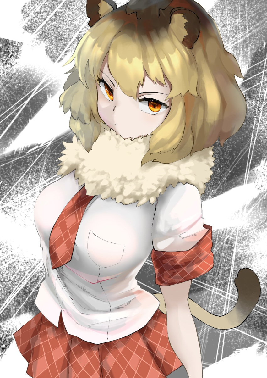 1girl :o animal_ears big_hair blonde_hair brown_hair cowboy_shot fur_collar highres kemono_friends lion_(kemono_friends) lion_ears lion_girl lion_tail looking_at_viewer multicolored_hair necktie orange_eyes plaid plaid_necktie plaid_skirt plaid_trim pleated_skirt red_necktie red_skirt shirt short_hair short_sleeves skirt solo t-shirt tail white_fur white_shirt yuara