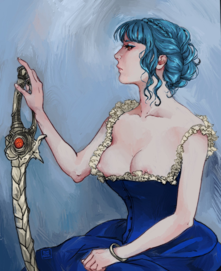 1girl blue_dress blue_hair bluestarraziel blutgang_(fire_emblem) bracelet braid breasts cleavage dress fine_art_parody fire_emblem fire_emblem:_three_houses french_braid highres jewelry large_breasts looking_to_the_side marianne_von_edmund nipple_slip nipples parody profile red_eyes sword weapon young_woman_with_sword_(painting)