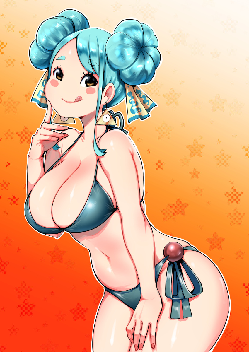 1girl :q absurdres bikini blue_hair blush_stickers breasts cleavage double_bun doughnut_hair_bun earrings finger_to_cheek hair_bun highres jewelry kenron_toqueen large_breasts light_blue_hair midriff navel no_nose original solo swimsuit tongue tongue_out