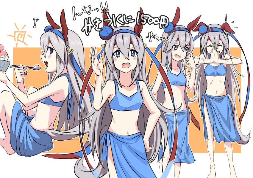 1girl alternate_costume animal_ears bikini blue_bikini blue_eyes bowl ear_covers eating fang food_request from_side grey_hair hair_between_eyes highres holding holding_bowl holding_spoon horse_ears horse_girl horse_tail long_hair midriff multiple_views navel open_mouth own_hands_together scratching_cheek shima_aji side-tie_bikini_bottom spoon sun sunglasses swimsuit tail tamamo_cross_(umamusume) two-tone_background umamusume very_long_hair