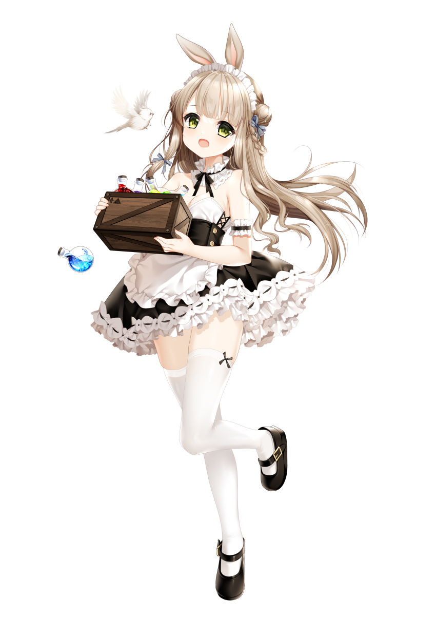 1girl absurdres animal animal_ears apron bare_shoulders bird black_footwear black_skirt blush breasts brown_hair cleavage commentary_request double_bun flask frilled_apron frilled_skirt frills full_body green_eyes hair_bun highres holding loading_(verjuice) long_hair looking_at_viewer maid_headdress medium_breasts open_mouth original rabbit_ears ribbon-trimmed_skirt ribbon_trim round-bottom_flask shoes simple_background skirt solo standing standing_on_one_leg thighhighs very_long_hair waist_apron white_apron white_background white_thighhighs