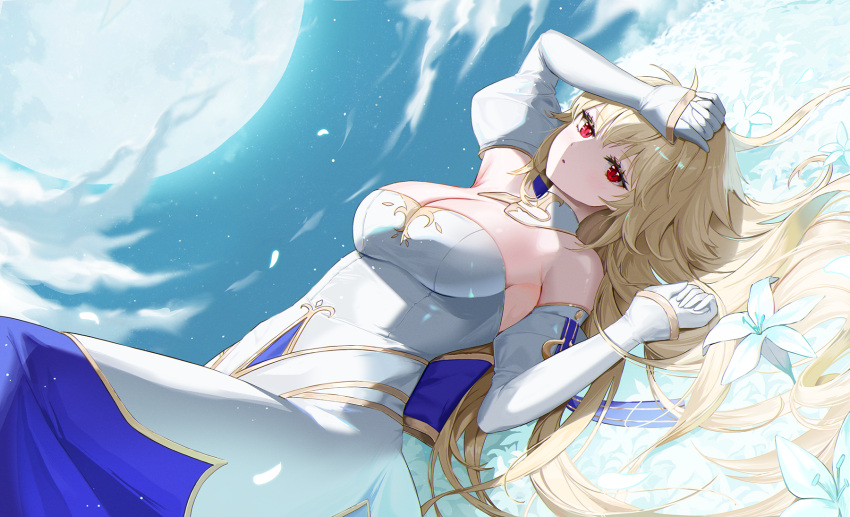 1girl archetype_earth arcueid_brunestud bangs bare_shoulders blonde_hair breasts cleavage cloud commentary_request detached_collar detached_sleeves dress fate/grand_order fate_(series) field flower flower_field gloves gold_trim highres large_breasts long_hair looking_at_viewer lying moon nakar34ra night night_sky outdoors petals red_eyes sky solo strapless strapless_dress tsukihime tsukihime_(remake) very_long_hair white_dress white_flower white_gloves white_sleeves