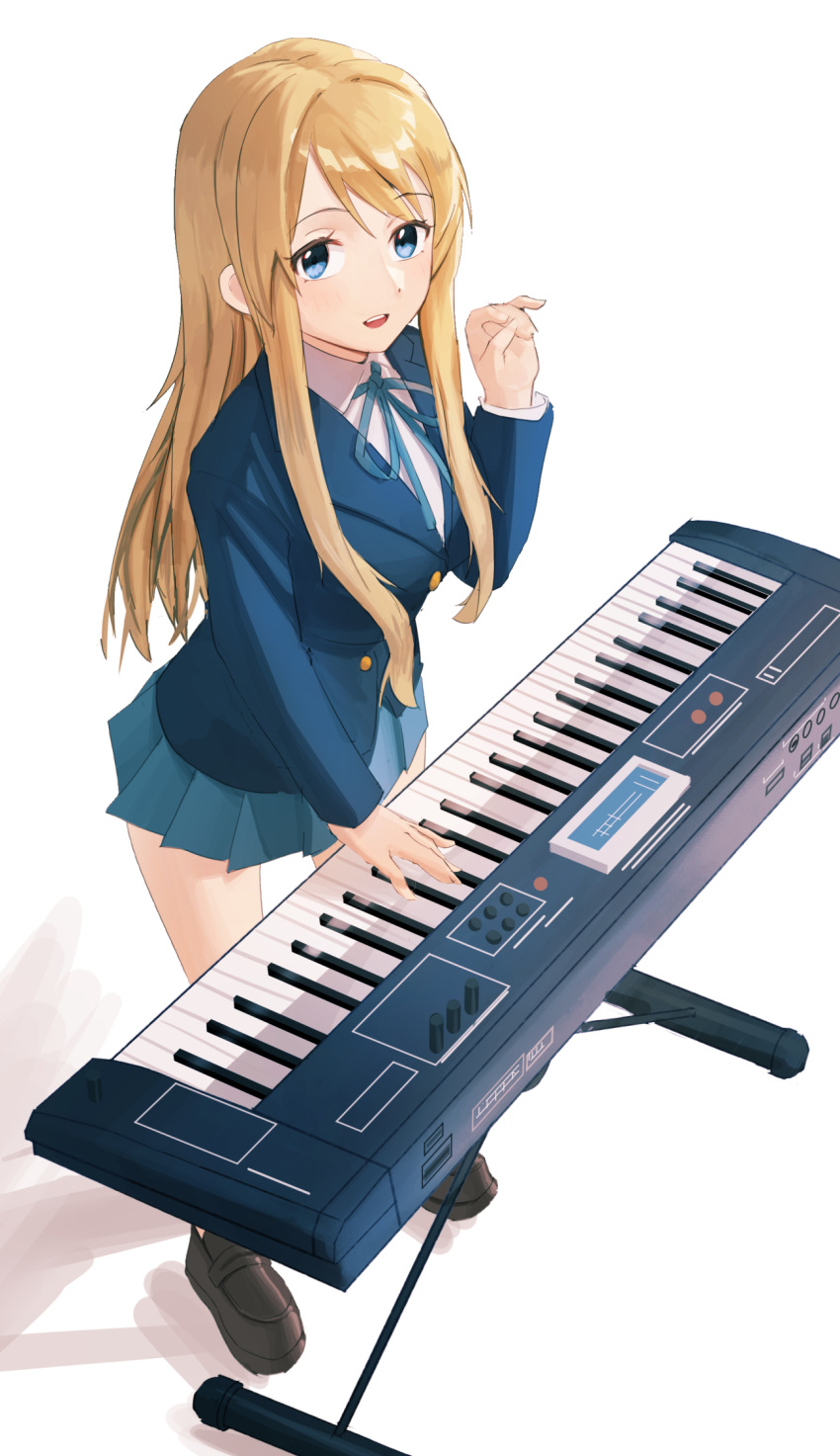 1girl :d bangs black_footwear blazer blonde_hair blue_eyes blue_jacket blue_ribbon blue_skirt collared_shirt grey_skirt highres instrument jacket k-on! kazawa_ushi keyboard_(instrument) kotobuki_tsumugi loafers long_hair long_sleeves looking_at_viewer neck_ribbon open_mouth ribbon sakuragaoka_high_school_uniform school_uniform shirt shoes simple_background skirt smile solo standing teeth thick_eyebrows upper_teeth white_background white_shirt