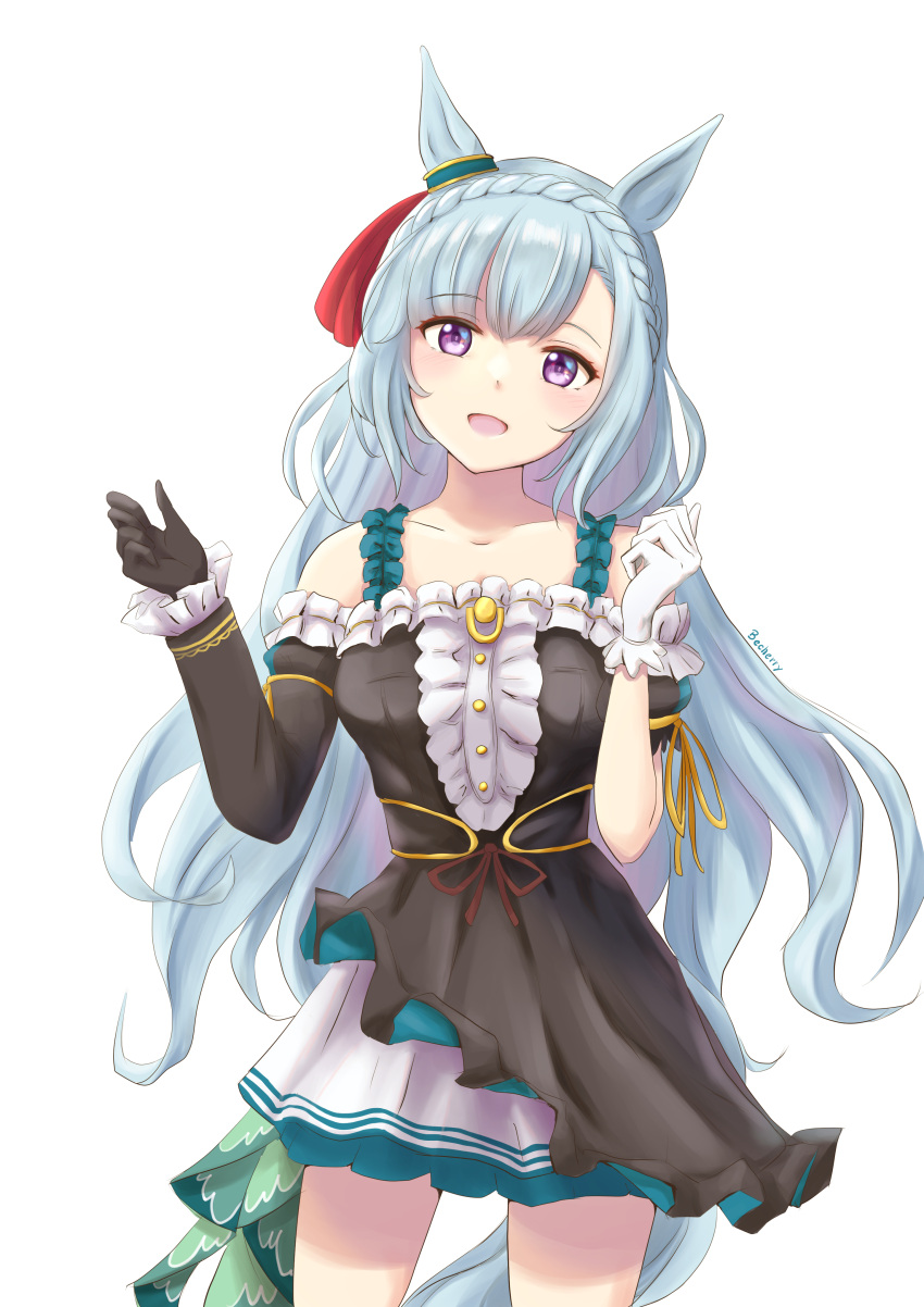 1girl absurdres animal_ears asymmetrical_gloves asymmetrical_sleeves becherry black_dress black_gloves blue_hair cowboy dress ear_ornament gloves highres horse_ears horse_girl horse_tail light_blue_hair long_hair looking_at_viewer mejiro_ardan_(umamusume) mismatched_gloves mismatched_sleeves open_mouth pleated_skirt purple_eyes skirt solo tail umamusume very_long_hair white_background white_gloves