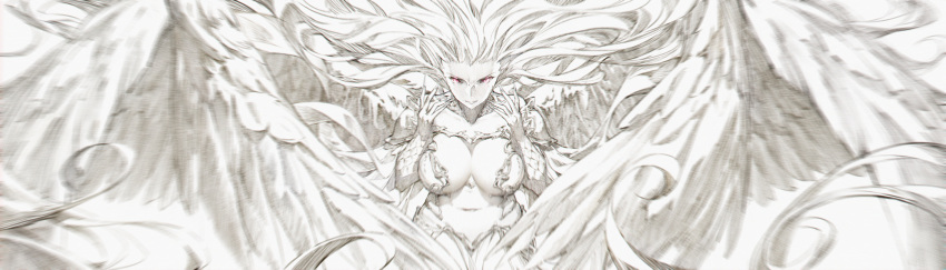 1girl absurdres breasts closed_mouth fate/grand_order fate_(series) fingernails glowing glowing_eyes gorgon_(fate) greyscale hands_up highres large_breasts long_fingernails long_hair looking_at_viewer medusa_(fate) monochrome red_eyes solo spot_color wings yijian_ma