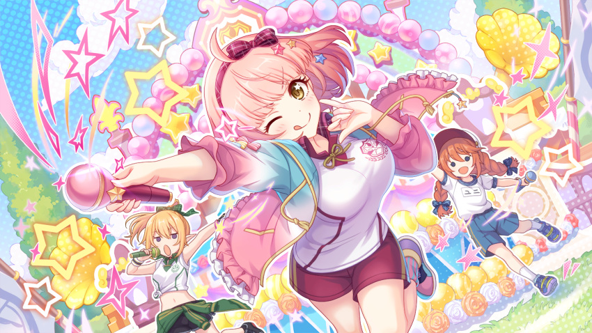 3girls baseball_cap blonde_hair blue_shorts blue_sky braid braided_ponytail breasts chieru_(princess_connect!) chieru_(school_festival)_(princess_connect!) chloe_(princess_connect!) chloe_(school_festival)_(princess_connect!) elf green_sweater grin gym_uniform hair_ornament hat hood hoodie large_breasts long_hair multiple_girls music one_eye_closed open_mouth outdoors pink_hair pink_shorts pointing pointy_ears ponytail princess_connect! purple_eyes school_uniform shirt short_hair shorts singing size_difference skirt sky small_breasts smile stage star-shaped_pupils star_(symbol) star_hair_ornament sweat sweater symbol-shaped_pupils teeth thumbs_up white_shirt yellow_eyes yuni_(princess_connect!) yuni_(school_festival)_(princess_connect!)