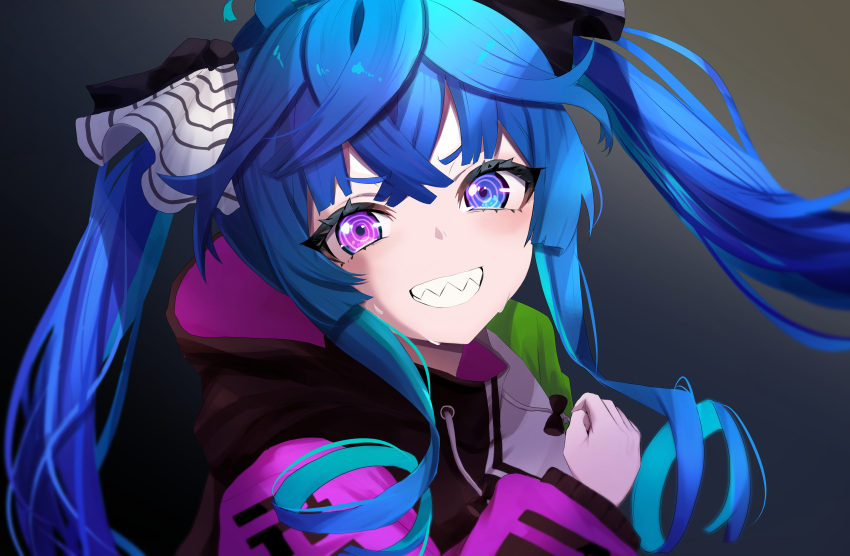 1girl @_@ absurdres ahoge animal_ears blue_eyes blue_hair clenched_hand hair_between_eyes heterochromia highres hood hoodie horse_ears horse_girl long_hair looking_at_viewer multicolored_clothes multicolored_hoodie purple_eyes sharp_teeth simple_background smile solo sweat teeth toa510 twin_turbo_(umamusume) twintails umamusume