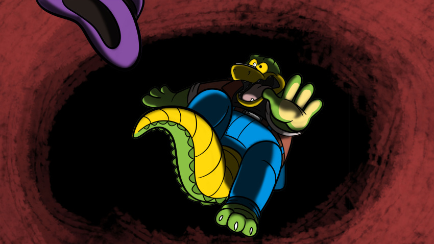 3_toes 4_fingers absurd_res alligator alligatorid bottomwear brok_(character) brok_the_investigator clothing cowcatgames crocodilian falling feet fingers green_body hat headgear headwear hi_res humanoid_hands official_art pants reptile scalie scared shirt slightly_chubby solo toes topwear video_games