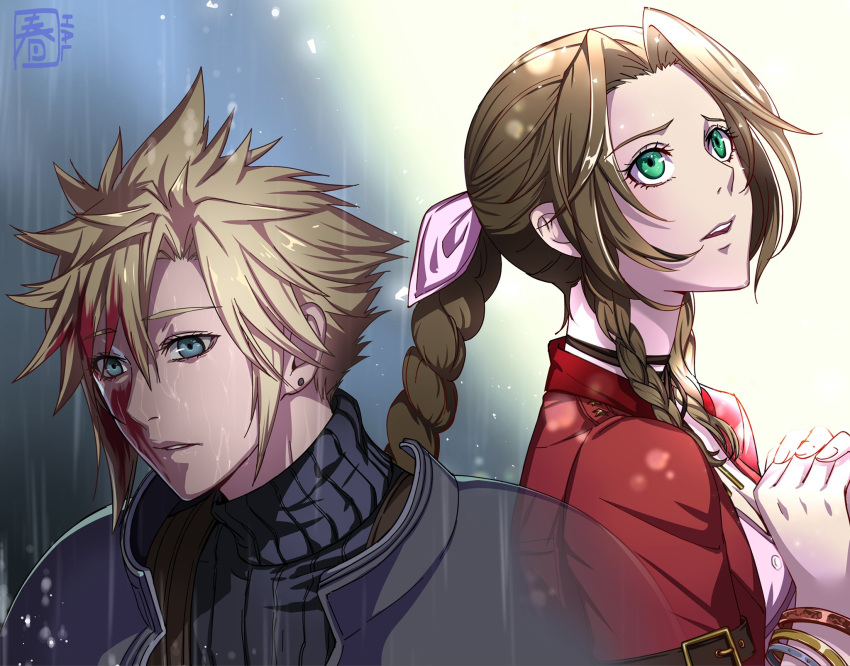 1boy 1girl aerith_gainsborough armor bangle bangs blonde_hair blood blood_on_face blue_eyes blue_shirt bracelet braid braided_ponytail choker cloud_strife crisis_core_final_fantasy_vii dress final_fantasy final_fantasy_vii green_eyes hair_between_eyes hair_ribbon halu-ca highres jacket jewelry long_hair looking_ahead looking_up own_hands_clasped own_hands_together parted_bangs parted_lips pink_dress pink_ribbon rain red_jacket ribbon shirt short_hair shoulder_armor sidelocks signature spiked_hair suspenders turtleneck upper_body wet