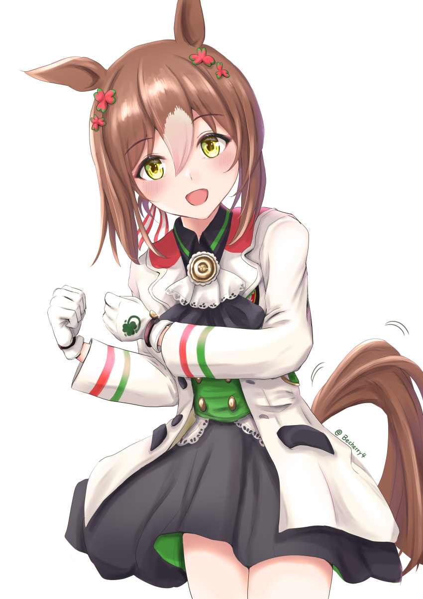1girl absurdres animal_ears artist_name ascot becherry black_ascot black_dress clenched_hands cowboy_shot cropped_legs dress fine_motion_(umamusume) gloves green_eyes hair_between_eyes highres horse_ears jacket long_sleeves looking_at_viewer medium_hair multicolored_hair open_mouth simple_background smile solo streaked_hair umamusume white_background white_gloves white_jacket