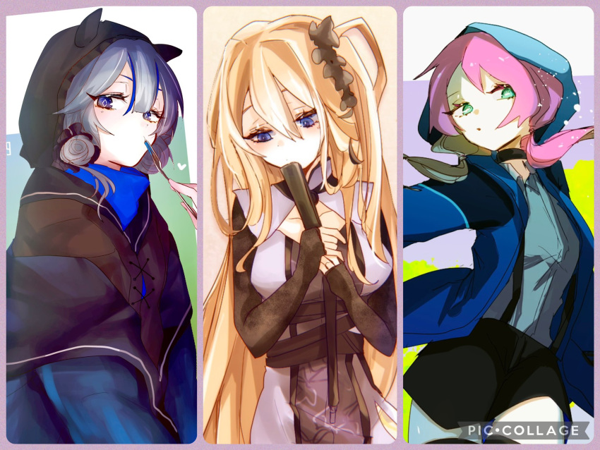 3girls alternate_costume arknights bangs blue_eyes blue_hair blue_poison_(arknights) brown_hair choker glaucus_(arknights) highres hood hood_up hooded_jacket indigo_(arknights) indigo_(serene_day)_(arknights) jacket long_hair low_twintails multicolored_hair multiple_girls pink_hair shorts side_ponytail streaked_hair twintails ub_orca