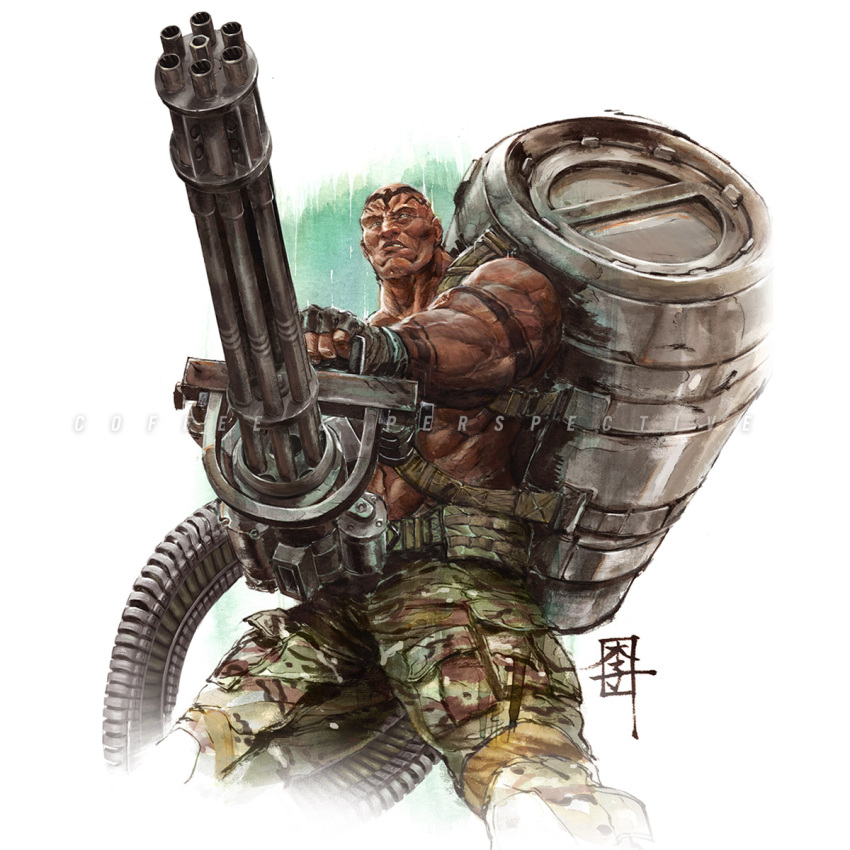 1boy character_request commentary dark-skinned_male dark_skin fingerless_gloves gloves gun highres holding holding_gun holding_weapon looking_at_viewer male_focus marcwashere metal_gear_(series) metal_gear_solid military military_uniform muscular muscular_male rifle simple_background solo teeth uniform united_states_army weapon
