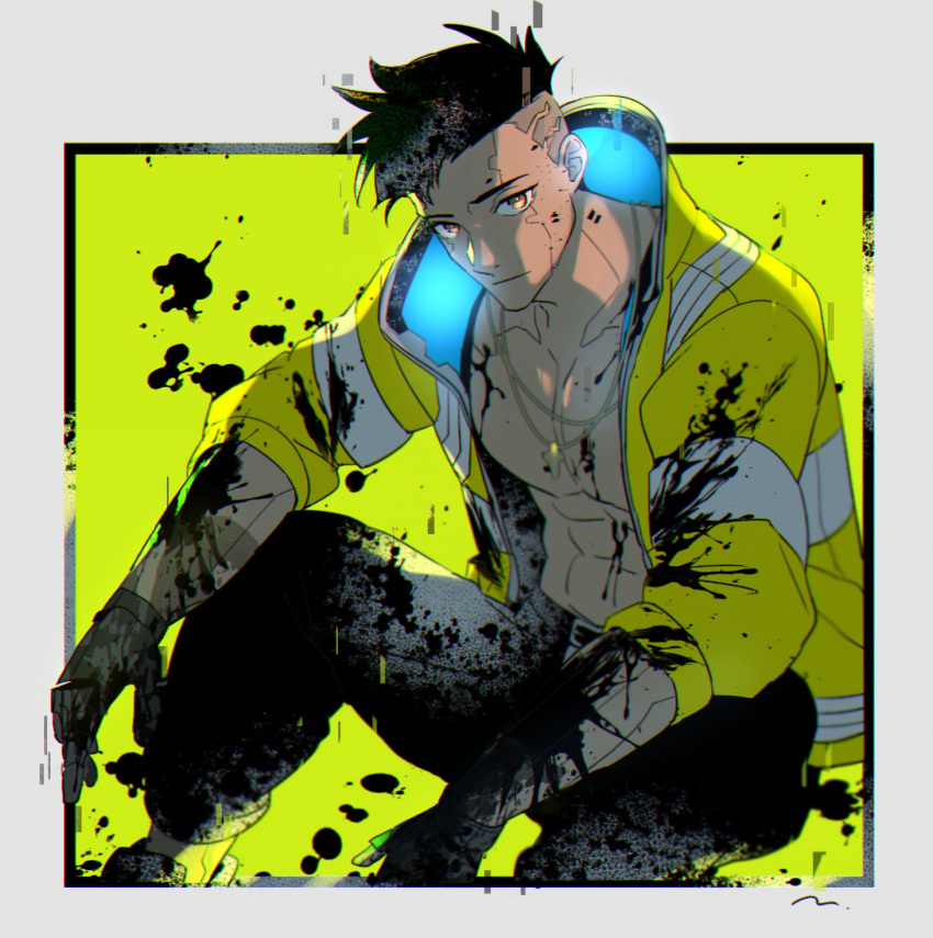 1boy abs black_hair brown_eyes closed_mouth cross cross_necklace cyberpunk_(series) cyberpunk_edgerunners cyborg david_martinez highres jacket jewelry looking_at_viewer male_focus mohawk necklace open_clothes paint_splatter pants simple_background solo toned toned_male torayama_(mps2nd) yellow_jacket