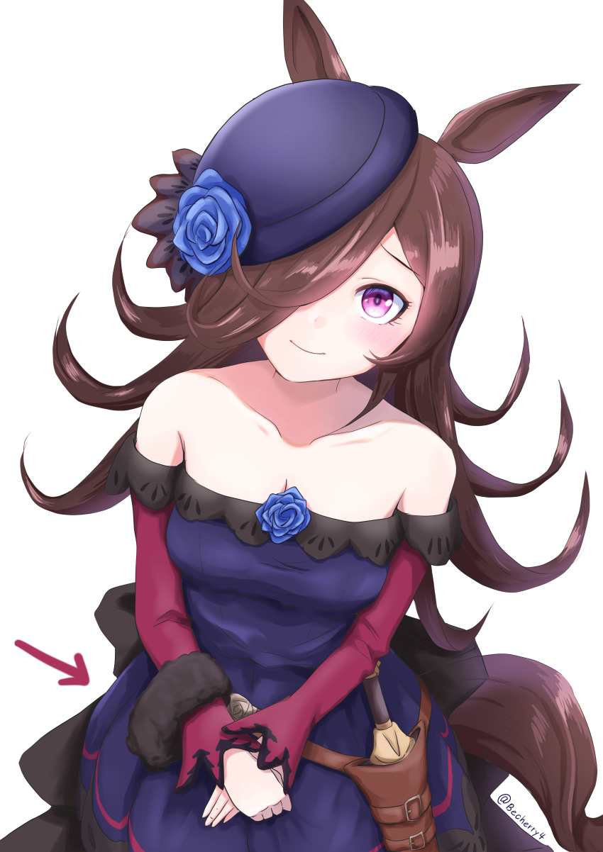 1girl absurdres animal_ears artist_name back_bow bar becherry black_bow blue_flower blue_headwear blue_rose bow breasts brown_hair cleavage closed_mouth dagger detached_sleeves flower hair_over_one_eye highres horse_ears horse_girl horse_tail knife long_hair looking_at_viewer looking_up medium_breasts purple_eyes rice_shower_(umamusume) rose sheath sheathed smile solo tail tilted_headwear umamusume weapon
