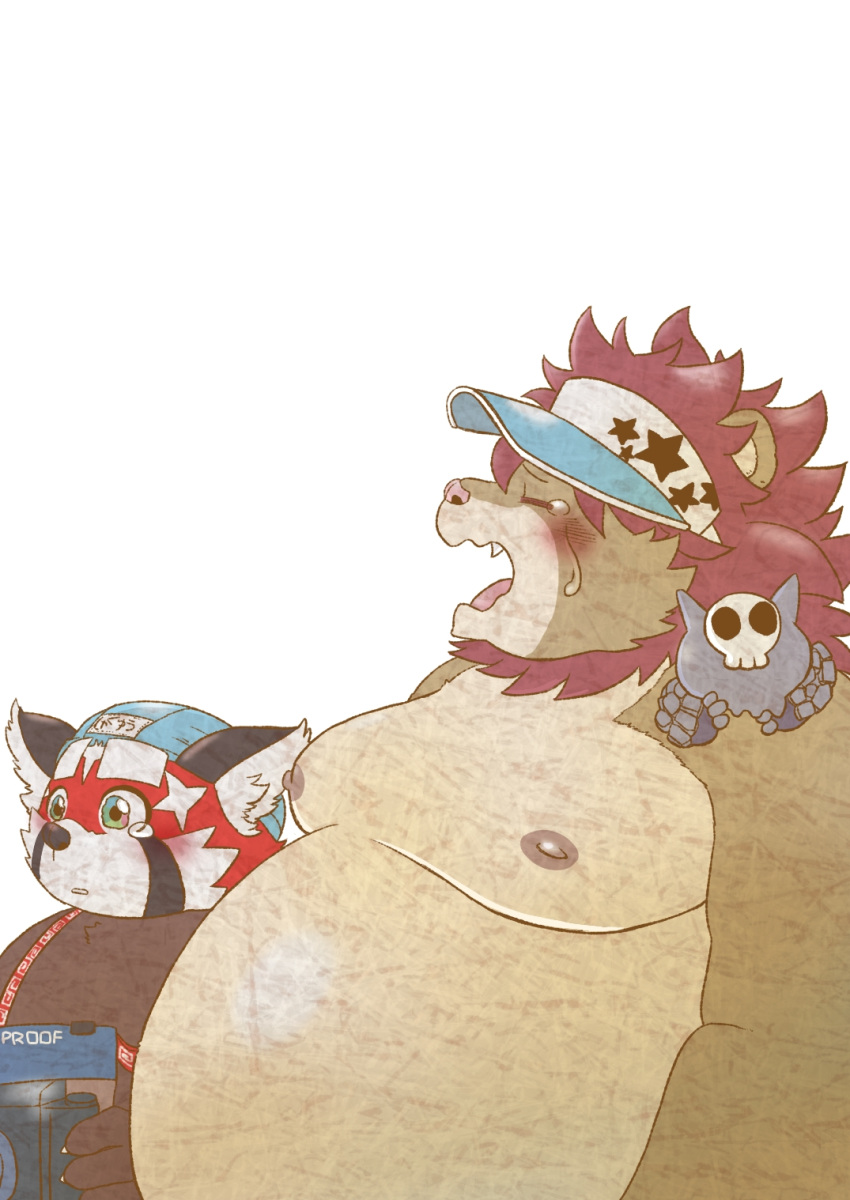 2022 ailurid anthro belly big_belly blush bodily_fluids brown_body clothing crying duo eyes_closed felid group hat headgear headwear hi_res kemono kusarikakemono lifewonders lion male mammal moobs nipples overweight overweight_male pantherine red_body red_panda sad simple_background tears tokyo_afterschool_summoners vapula_(tas) video_games zhurong_(tas)